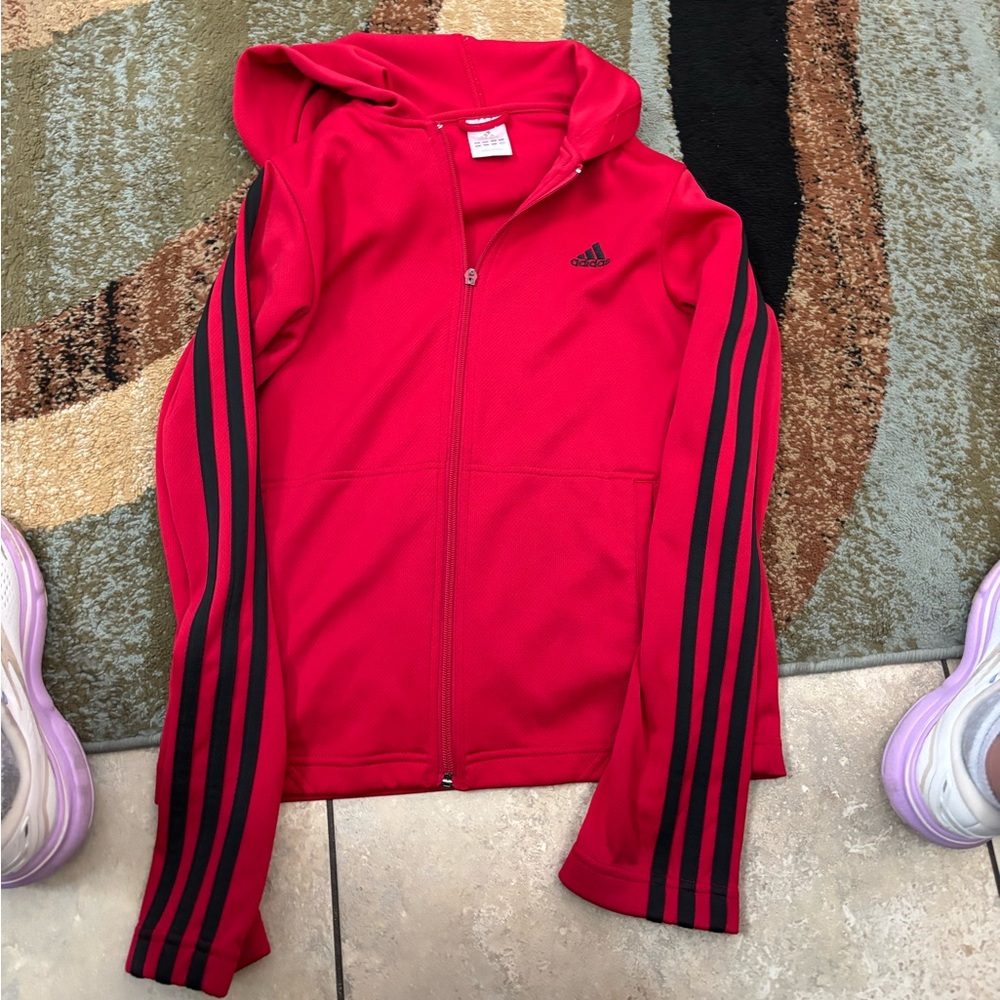 adidas womens Red Hooded Track Jacket with Black Stripe Sleeves